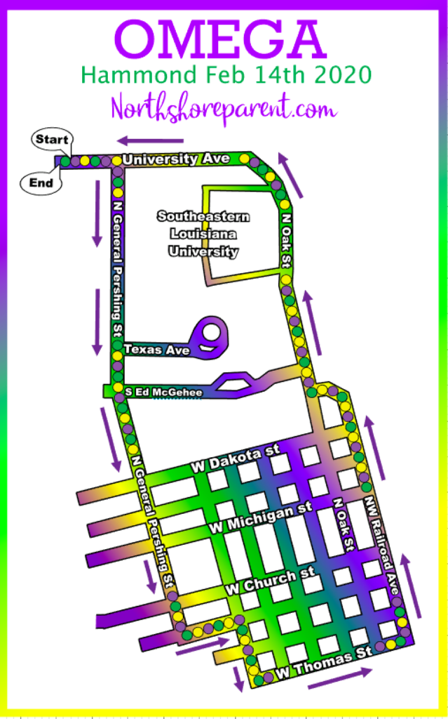 map of the krewe of omega parade route