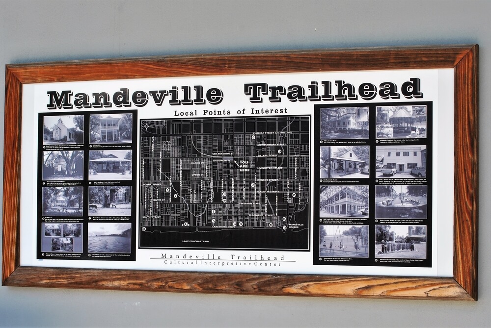 a sign with a map of Mandeville and several pictures of local historic landmarks